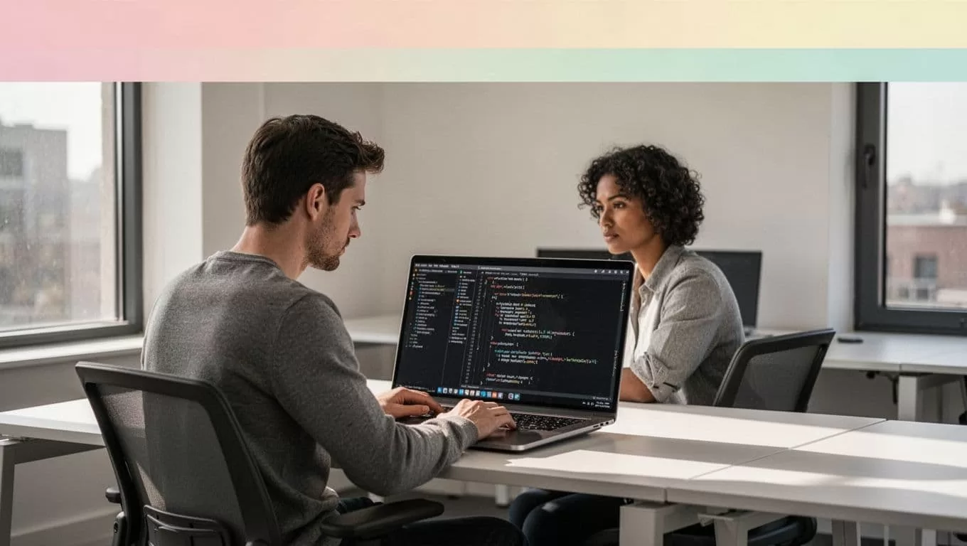 A developer reviewing code on a laptop at a minimalist desk beneath a colored header band.