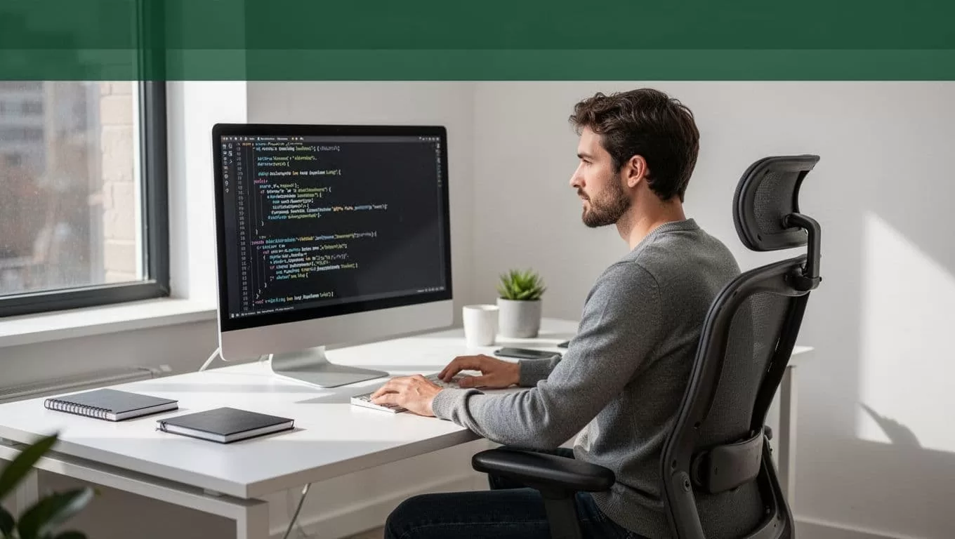 A developer working on code at a computer monitor in a modern office.