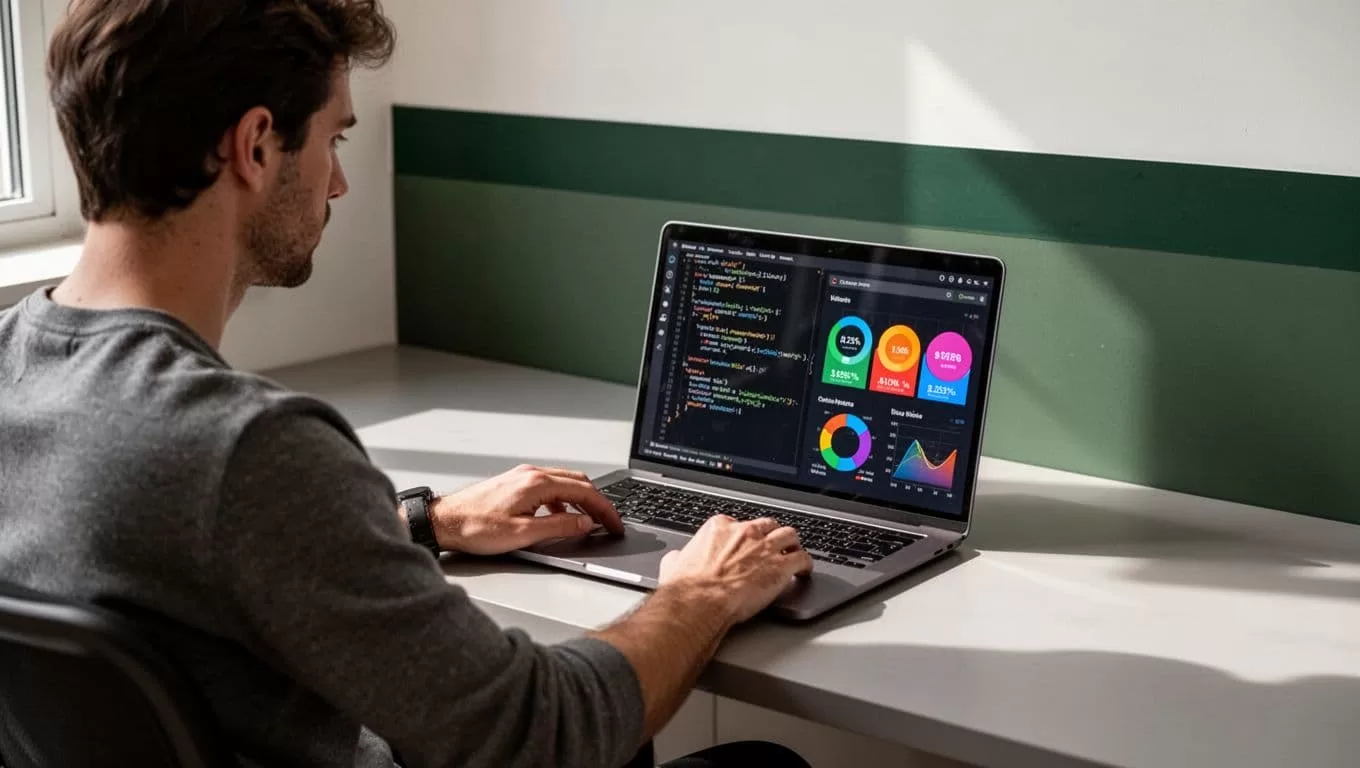 A developer working on a laptop with code and pricing charts displayed on screen.