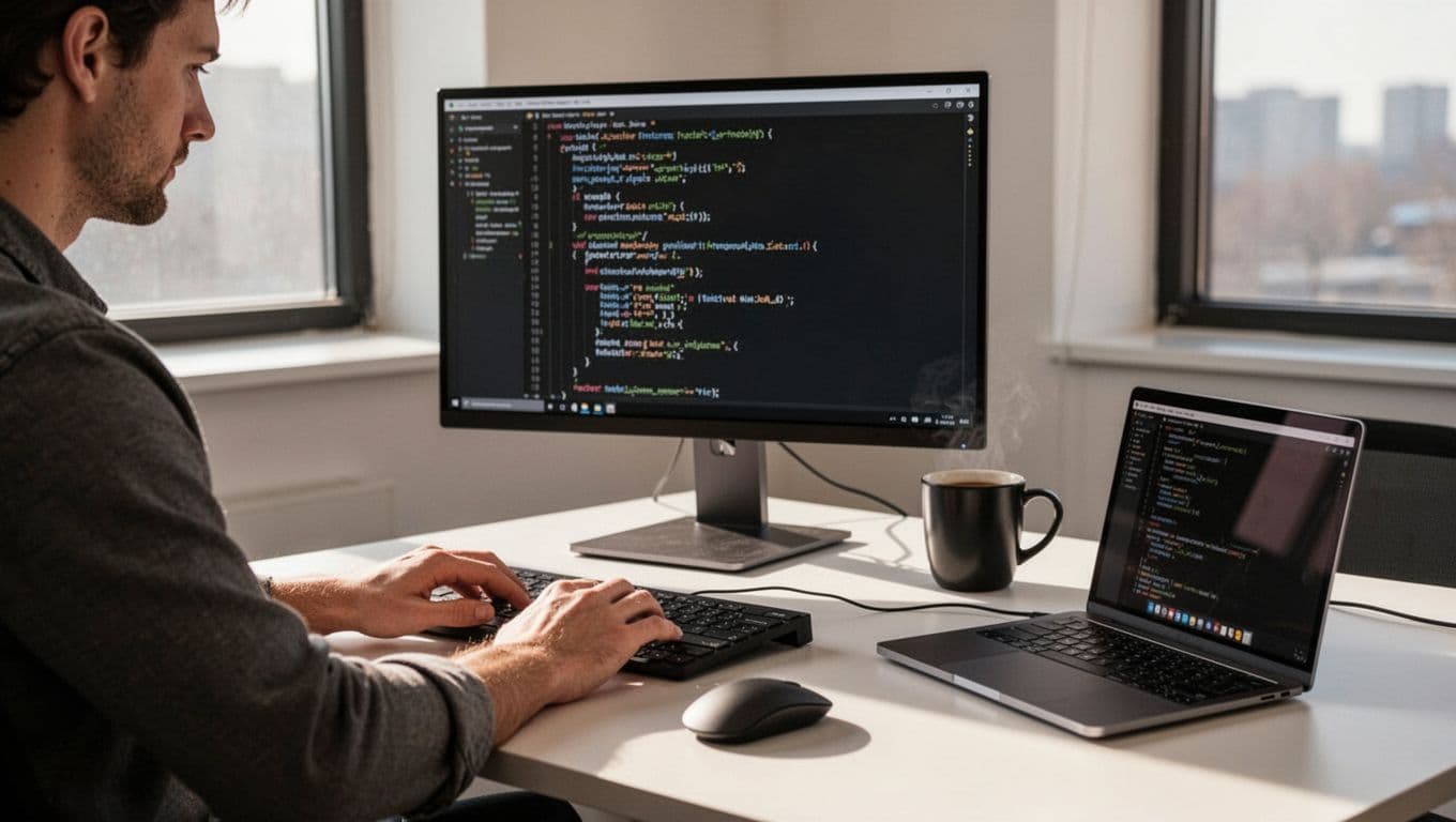 A programmer focused on a computer monitor displaying code in a dark workspace.