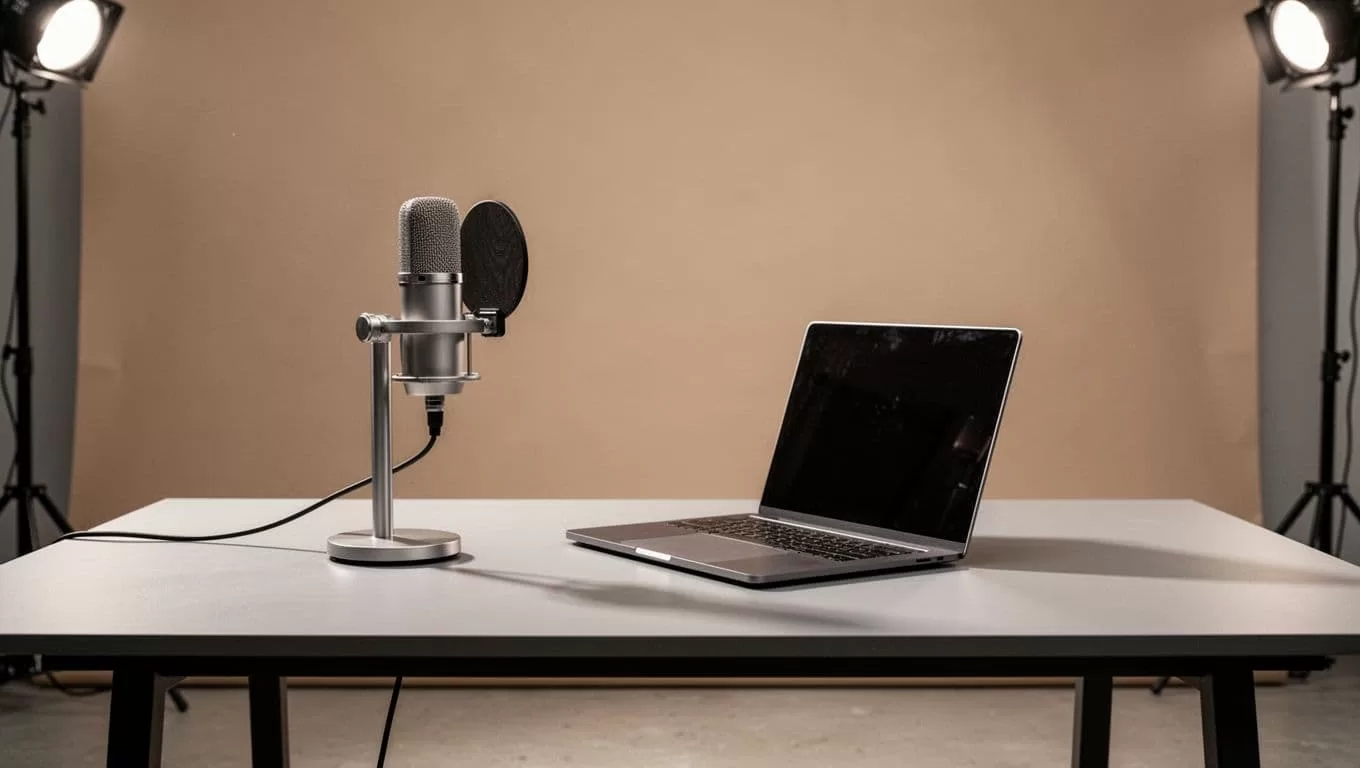 A computer desk with a studio microphone under a dark green header banner.