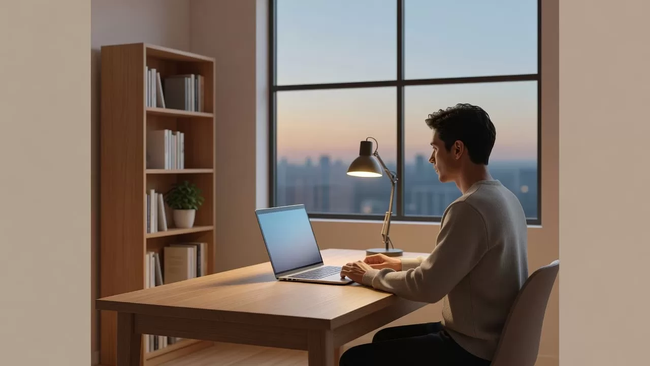 A single actor sits at a clean wooden desk with a laptop, illuminated by soft ambient lighting that creates a focused, calm atmosphere for their virtual performance and training sessions.