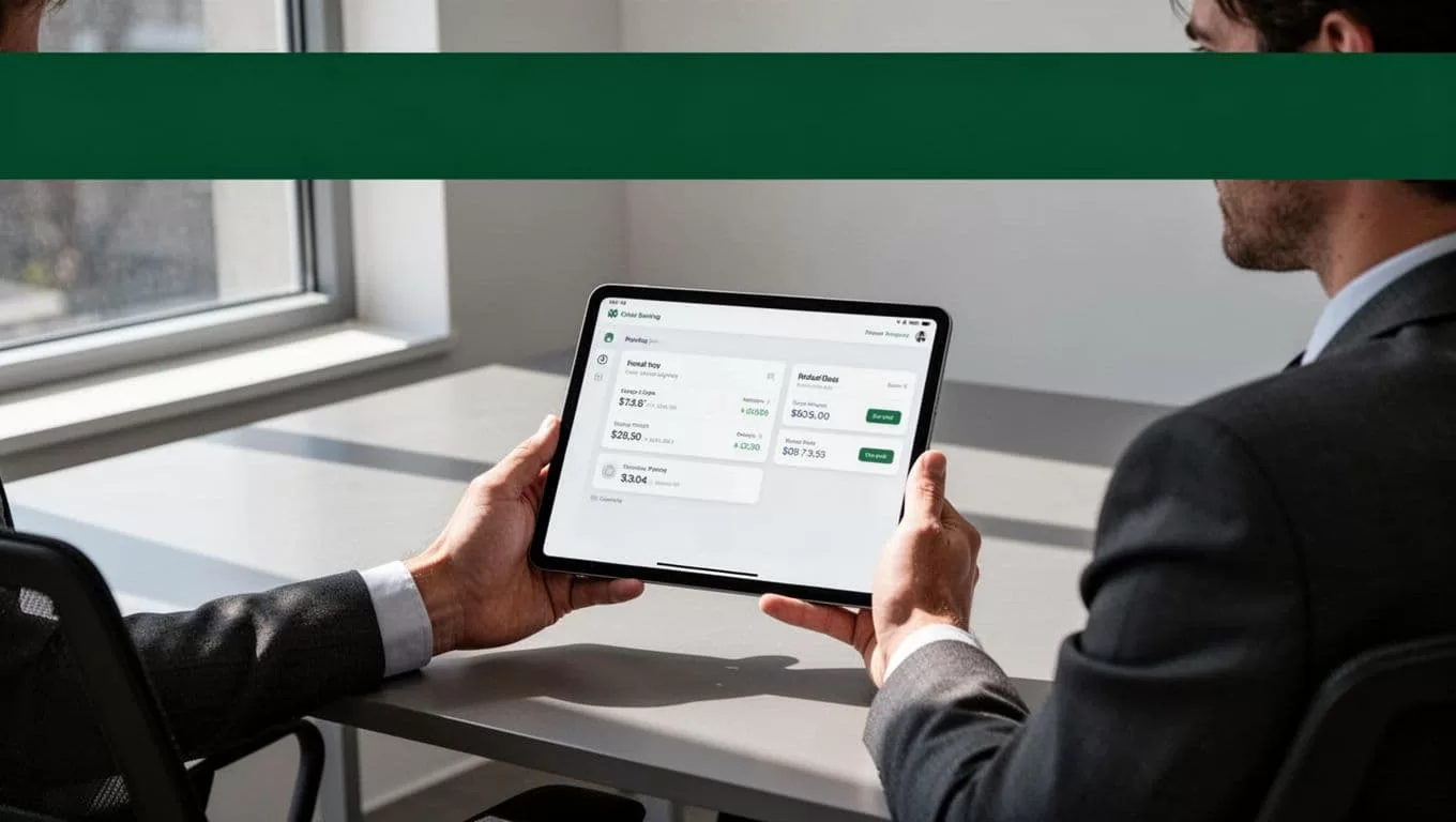 A person uses a tablet showing banking delivery options in a modern office.