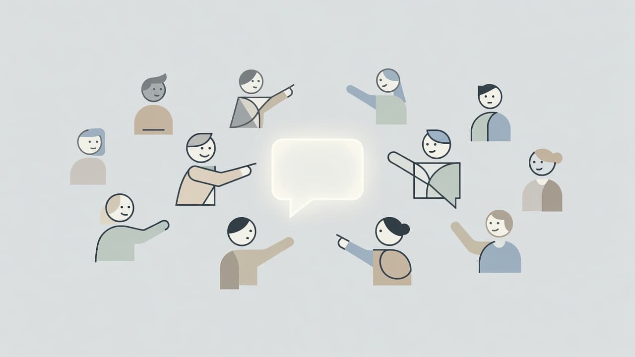 Diverse abstract character icons orbit a large central chat bubble graphic against a clean background. These minimalist figures represent active participants engaged in a collaborative and vibrant digital exchange of ideas.