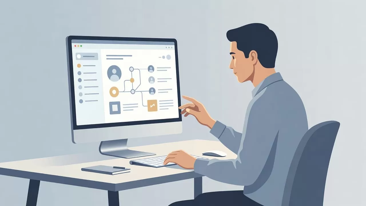 A focused individual sits at a minimalist desk, interacting with a glowing digital interface that displays geometric community connection patterns. Soft ambient lighting highlights the clean lines and muted, professional aesthetic.