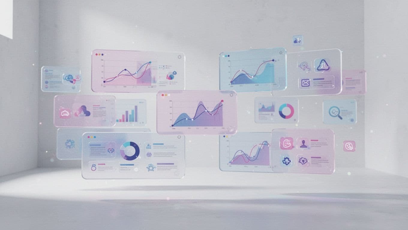 Floating geometric graphs and abstract digital content icons hover above a clean, structured workspace grid. The minimalist design utilizes a cool-toned palette to represent streamlined social media management and organization.