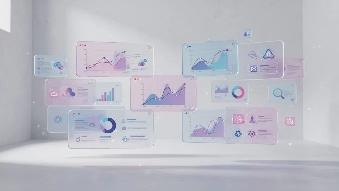 Floating geometric graphs and abstract digital content icons hover above a clean, structured workspace grid. The minimalist design utilizes a cool-toned palette to represent streamlined social media management and organization.