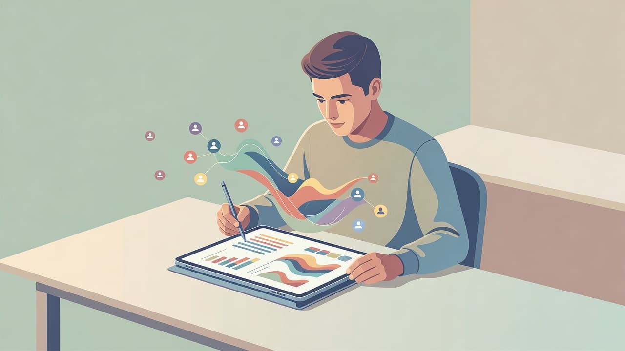 A focused individual interacts with a tablet displaying vibrant data visualizations and community icons at a sleek minimalist desk. Soft ambient light highlights the modern, organized workspace and clean design aesthetic.