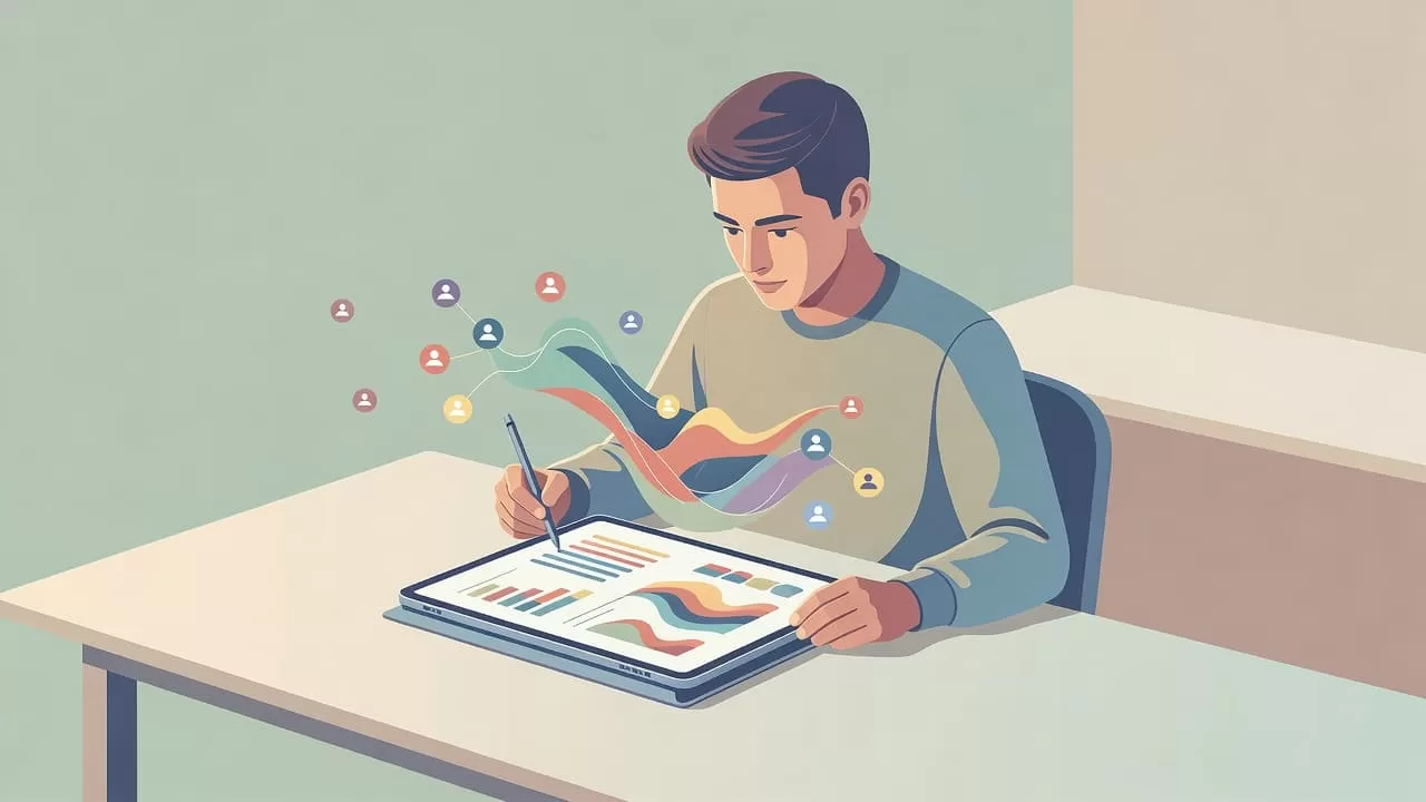 A focused individual interacts with a tablet displaying vibrant data visualizations and community icons at a sleek minimalist desk. Soft ambient light highlights the modern, organized workspace and clean design aesthetic.