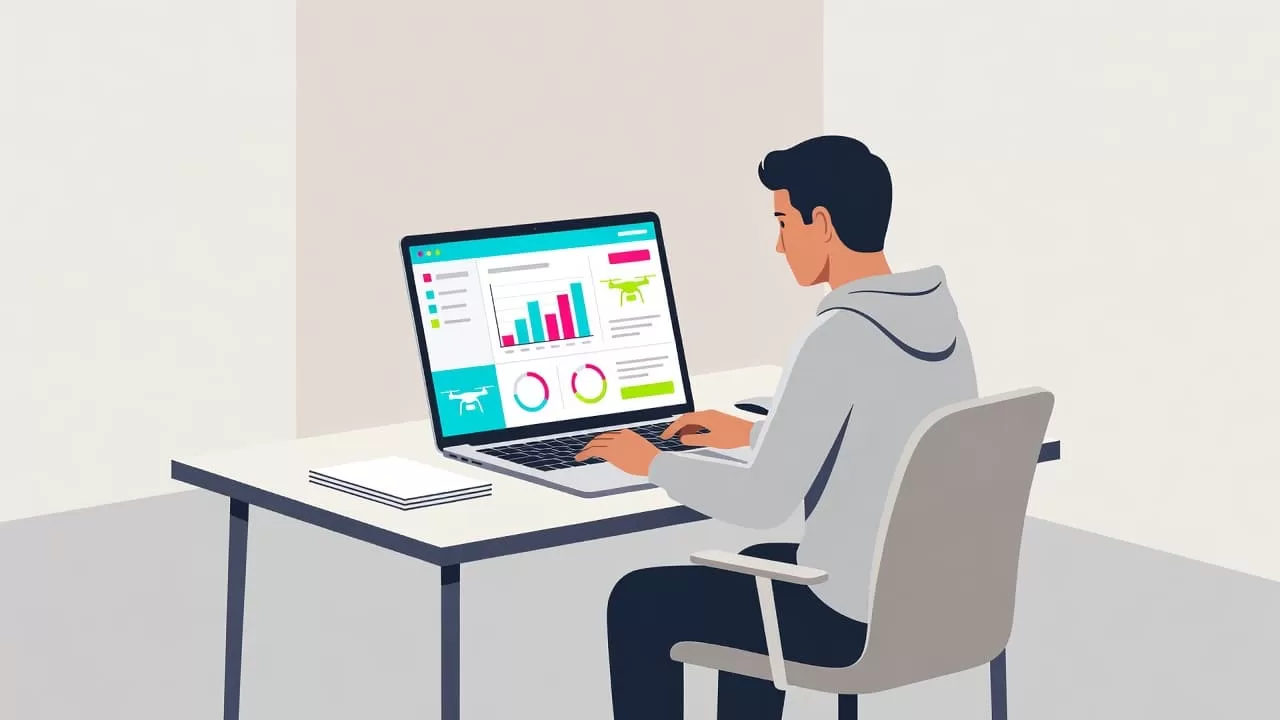 A focused individual works at a clean minimalist desk on a laptop displaying a drone curriculum dashboard. The vector style illustration features soft neutral tones with vibrant pops of color.