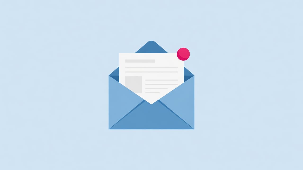 An open stylized envelope displays a paper letter insert alongside a bright circular notification badge. The minimalist vector design uses soft color blocking to represent successful electronic communication and subscriber delivery.