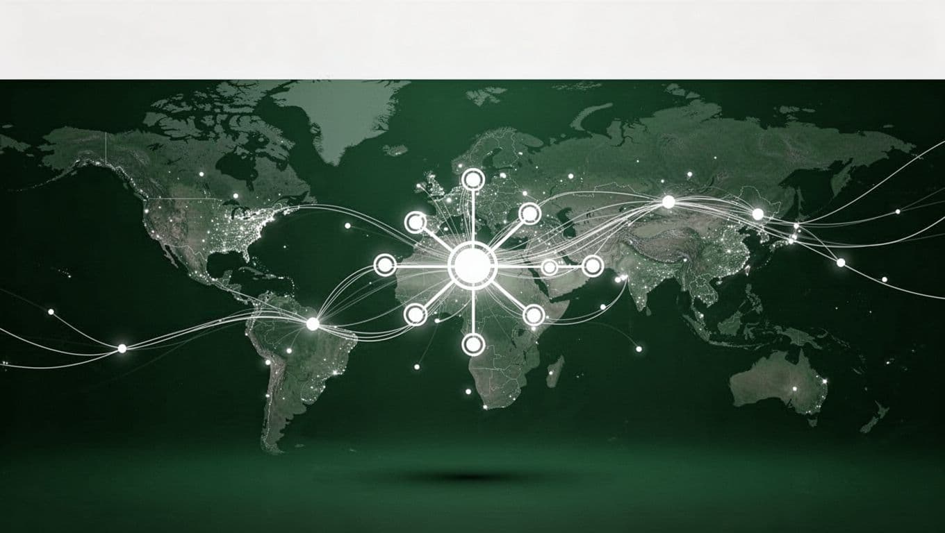Abstract network nodes connecting continents under a dark green header reading Fast Transfers.