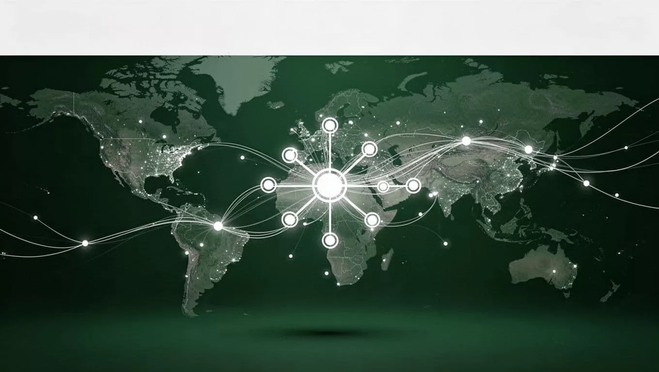 Abstract network nodes connecting continents under a dark green header reading Fast Transfers.