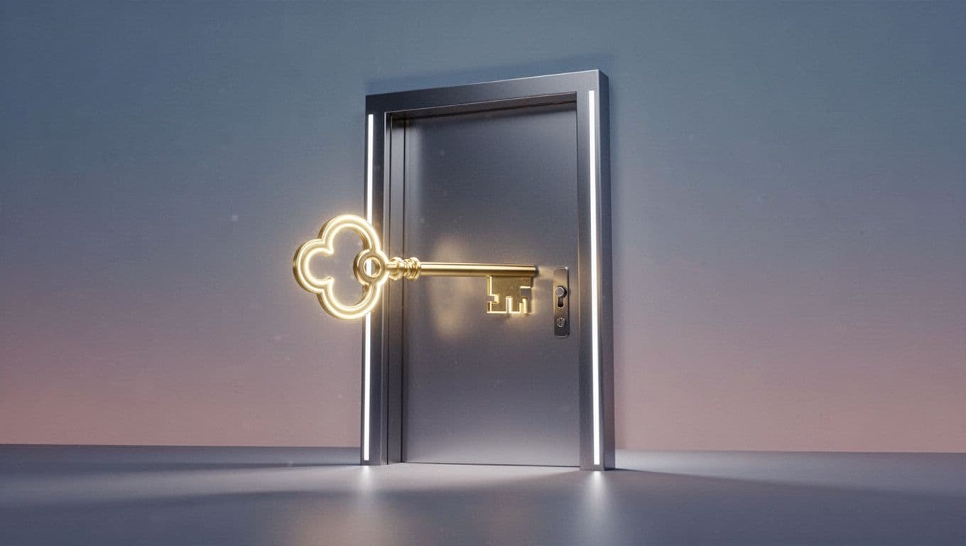 A glowing golden digital key is positioned before a circular portal door that emits soft blue light. The minimalist illustration emphasizes secure entry through high-contrast shapes and clean geometric lines.