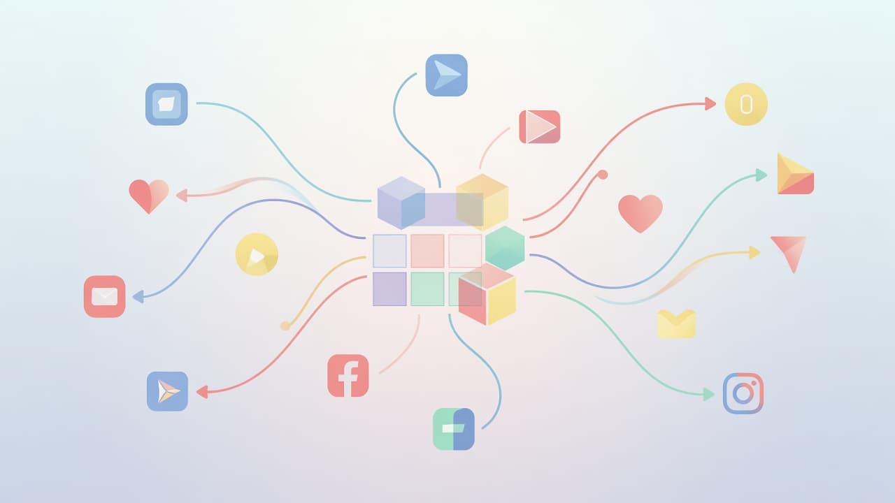 A stylized digital grid displays connected geometric icons representing various social media platforms. Soft pastel lines weave through the layout, illustrating the systematic flow of content across a modern planning interface.