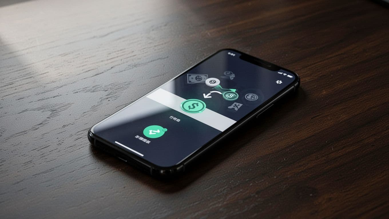 A smartphone showing a money transfer app rests on a dark wooden desk.