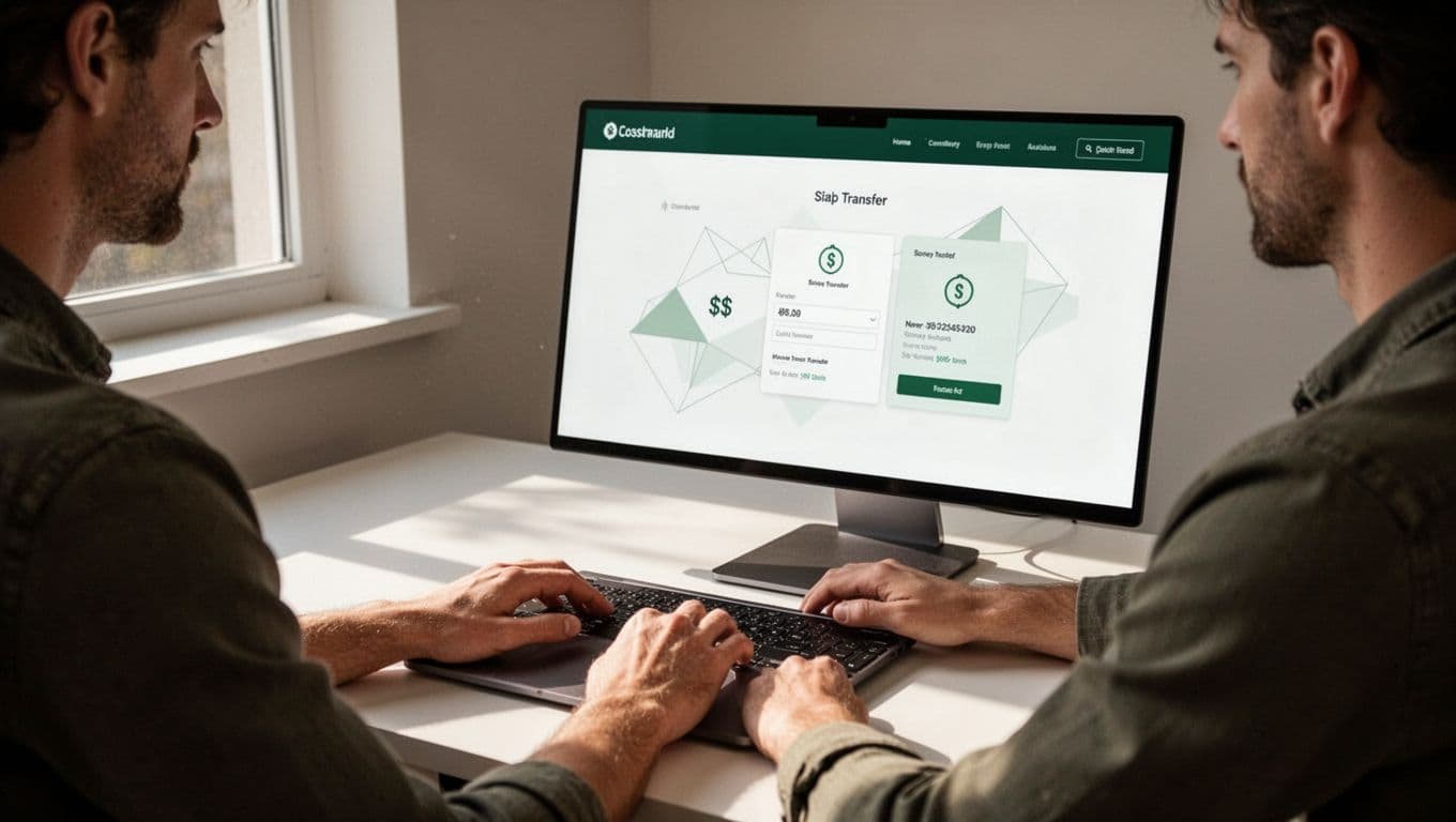 A person views a money transfer platform with a green Send Money header.