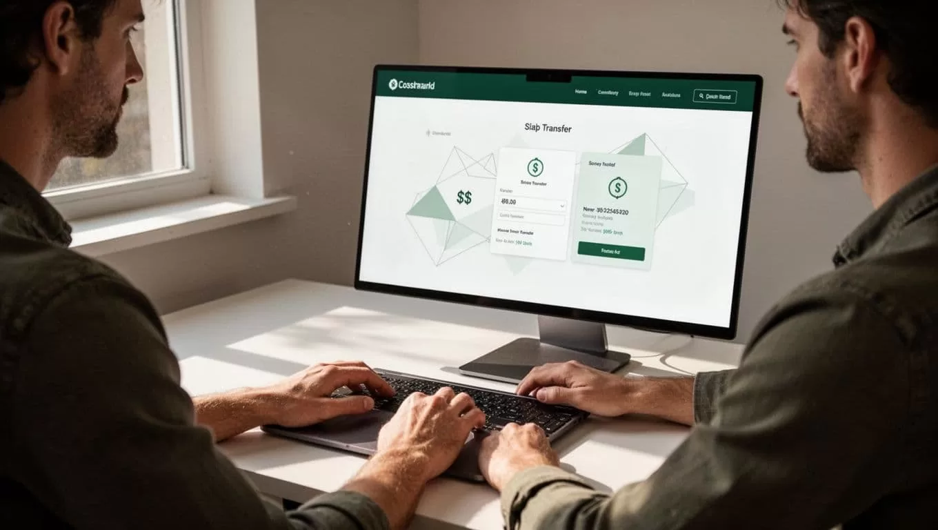 A person views a money transfer platform with a green Send Money header.