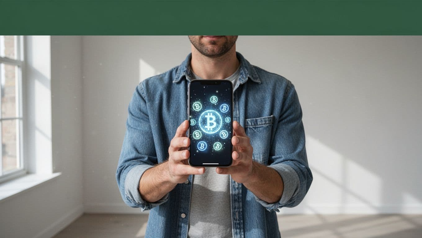 A graphic showing digital currency symbols below a dark green color band.