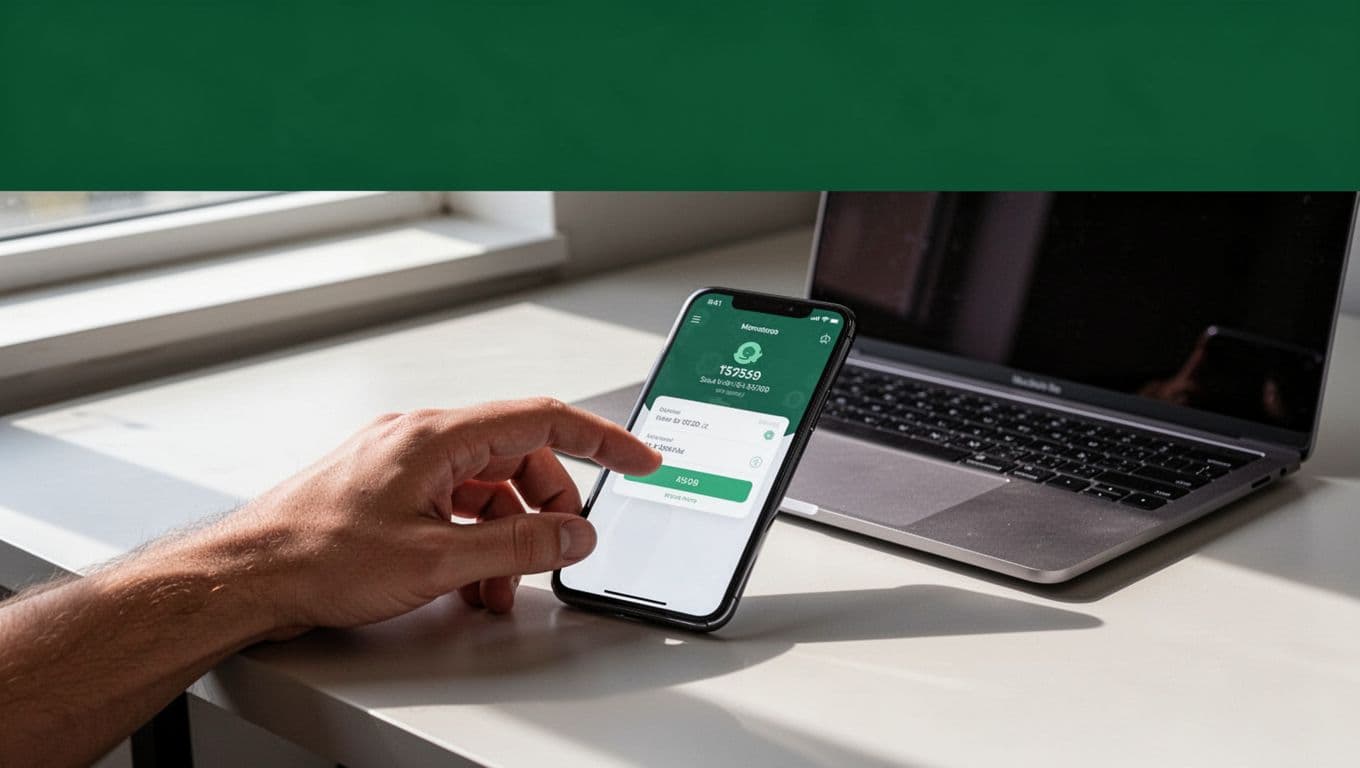 A dark green headline banner sits above a clean digital finance workspace with modern devices.