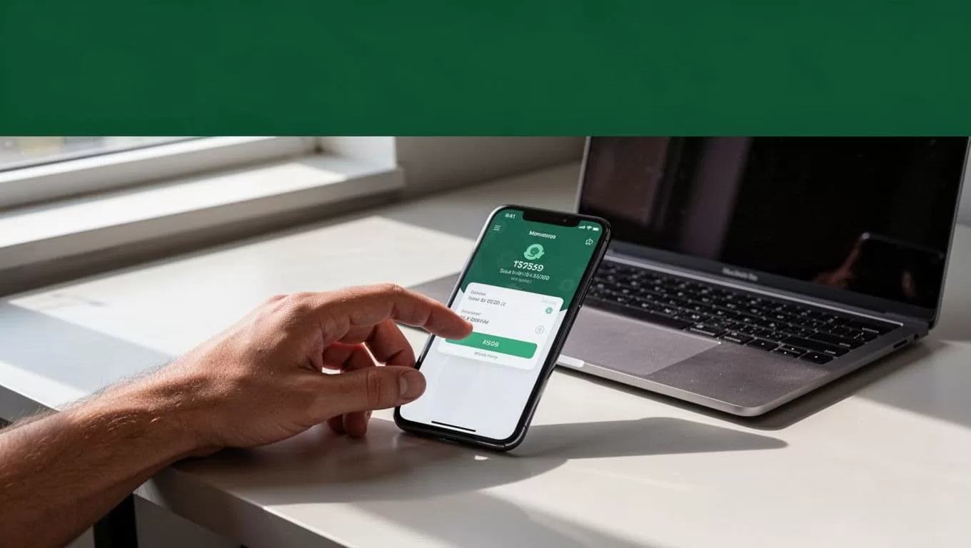 A dark green headline banner sits above a clean digital finance workspace with modern devices.