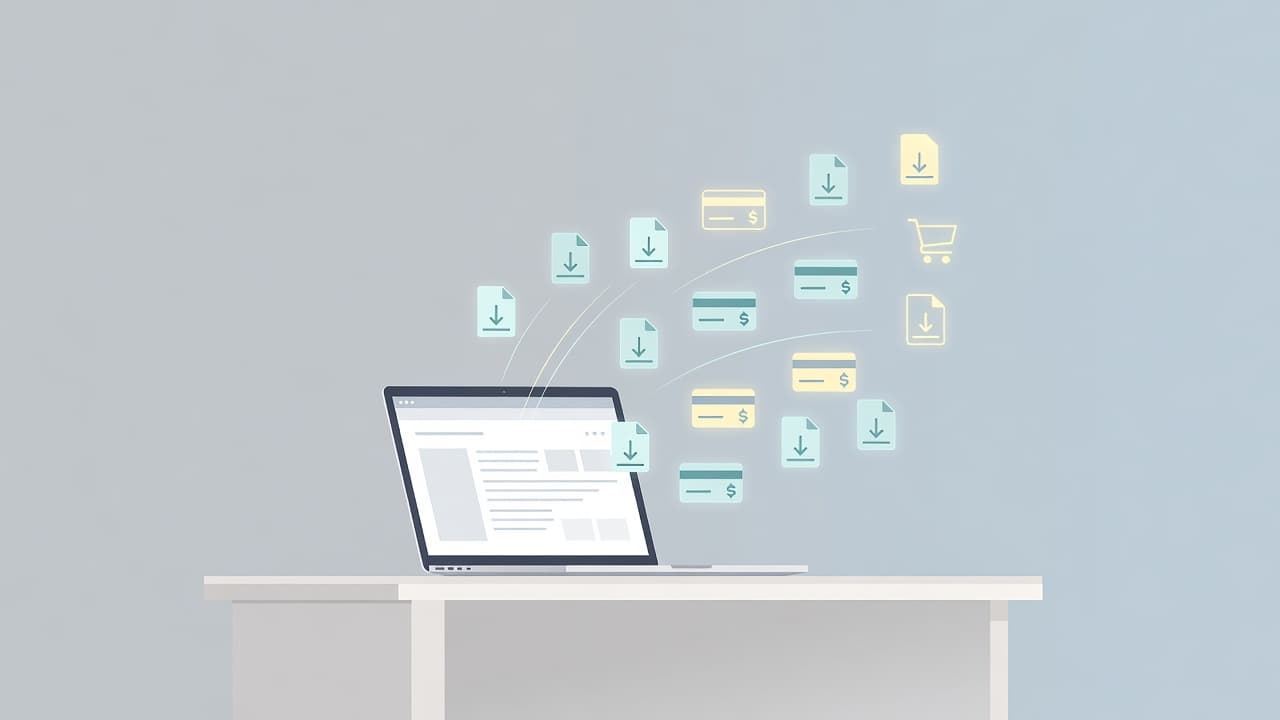 A sleek laptop sits on a minimalist desk surrounded by floating digital icons representing payment symbols, membership cards, and file transfers. The soft-toned backdrop enhances the clean and focused aesthetic.