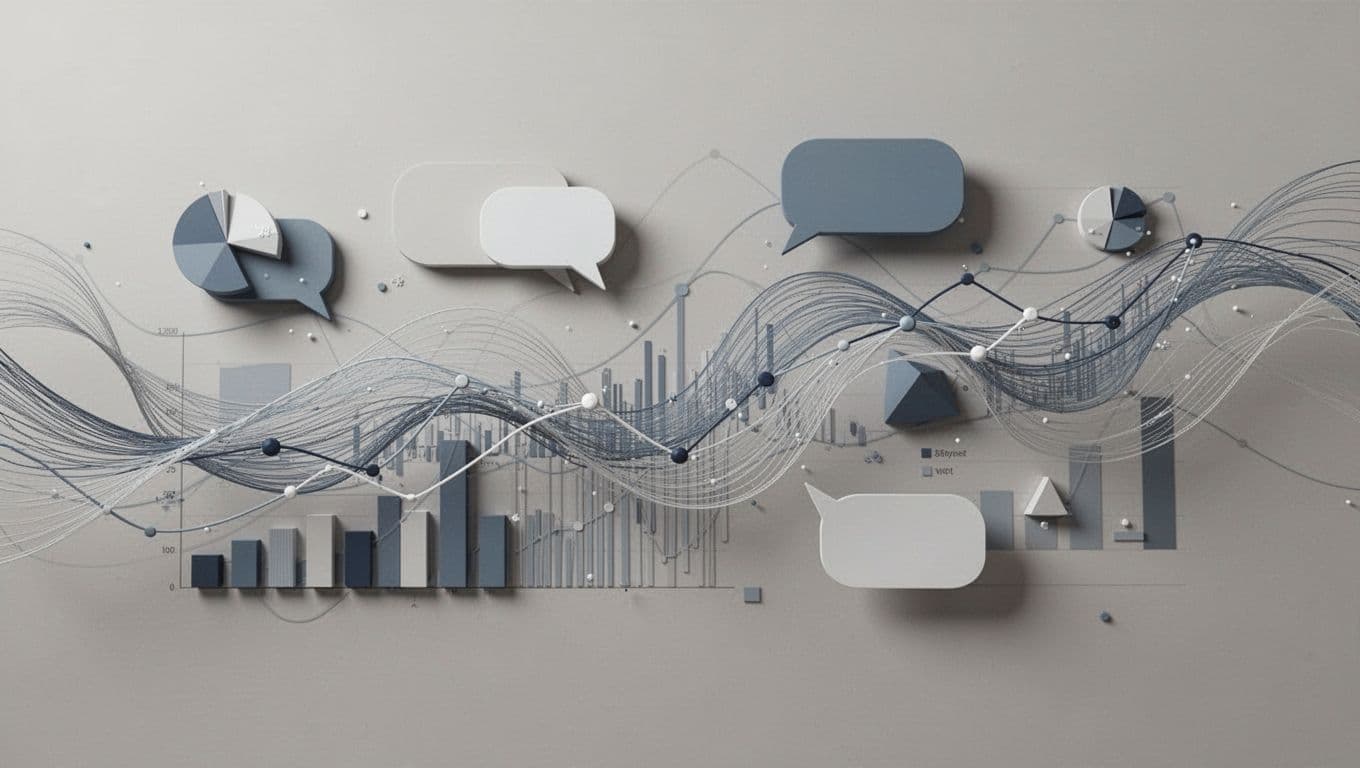 Abstract digital charts and networking icons float over a clean, neutral background. Geometric lines connect floating communication symbols to represent a structured team workflow and data processing environment in modern software.
