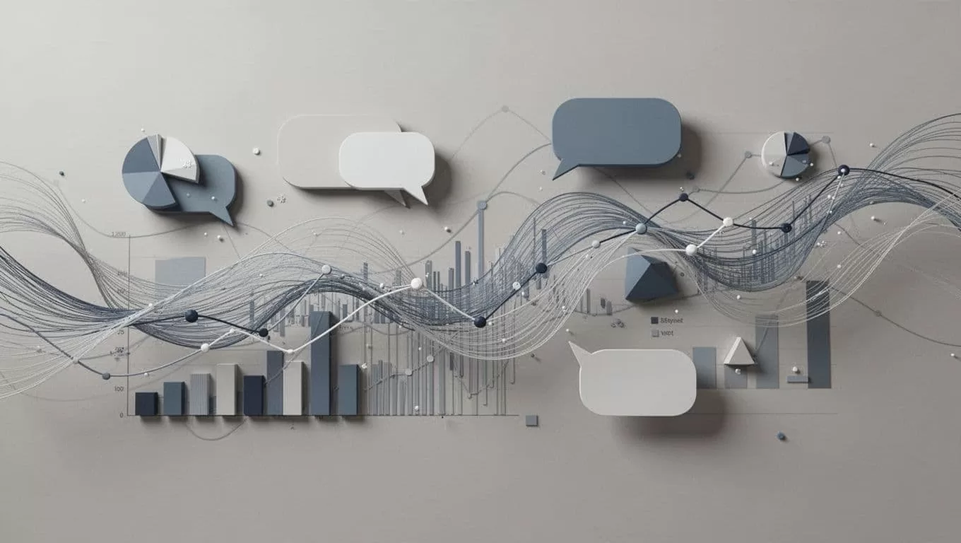 Abstract digital charts and networking icons float over a clean, neutral background. Geometric lines connect floating communication symbols to represent a structured team workflow and data processing environment in modern software.