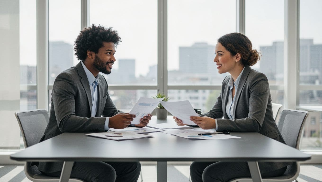 Three colleagues in smart professional attire lean toward a white tabletop to review printed documents. The bright, airy office features large windows and soft daylight reflecting off the clean modern surfaces.