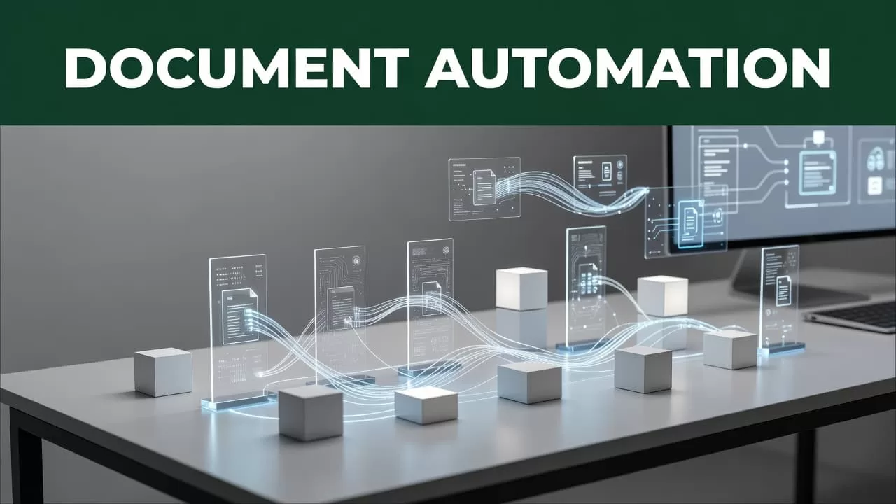 A dark green headline banner above a clean modern desk showing abstract document workflow graphics.