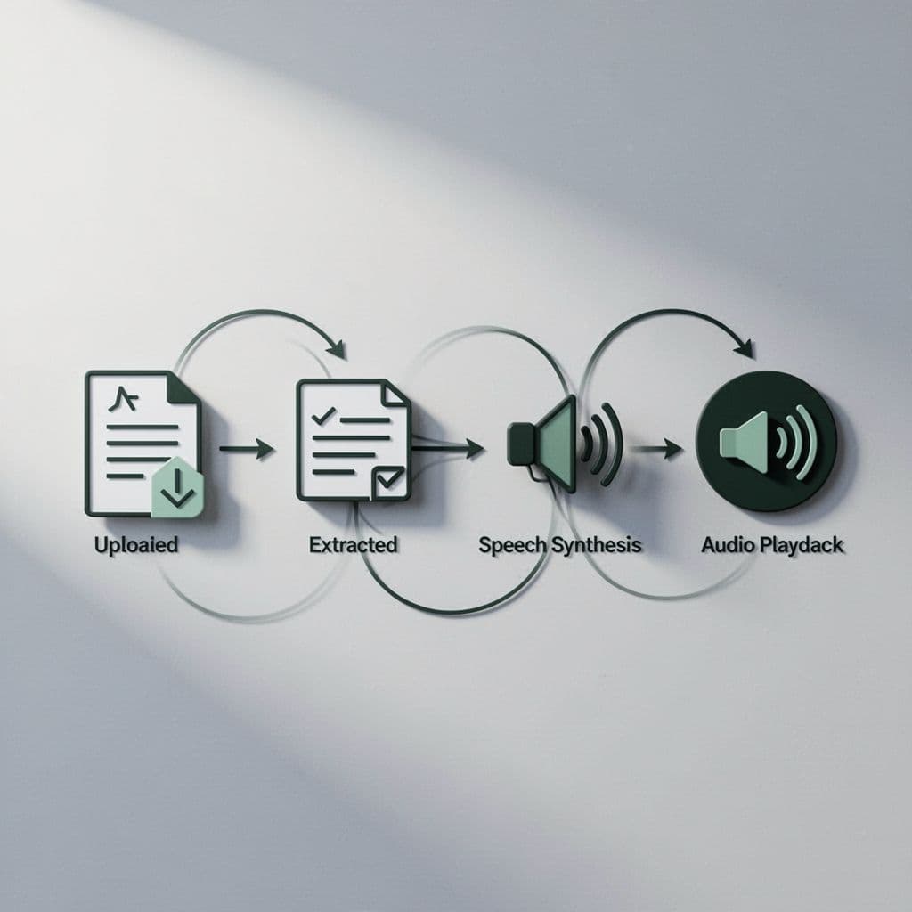 A technical workflow diagram showing steps from document upload to audio output generation.