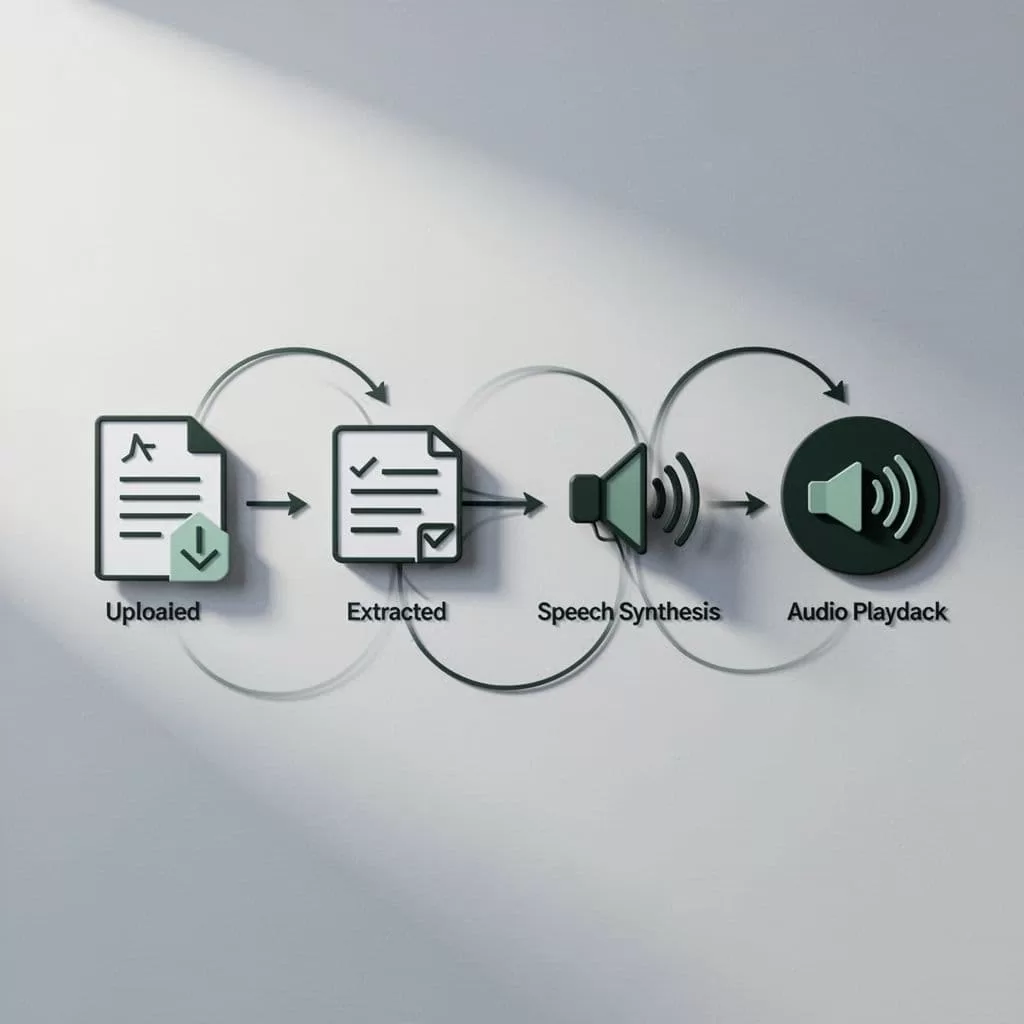 A technical workflow diagram showing steps from document upload to audio output generation.