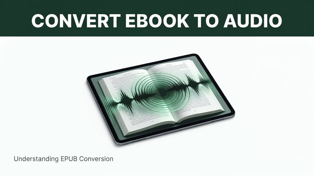 An open tablet screen shows sound waves emerging from a digital book.