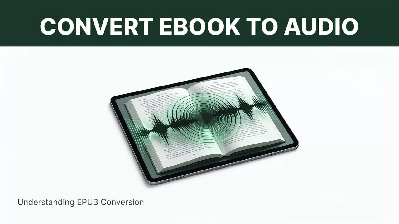 An open tablet screen shows sound waves emerging from a digital book.