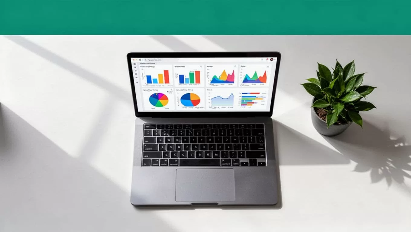 Laptop showing e-commerce charts beside one plant in a clean flat lay workspace.