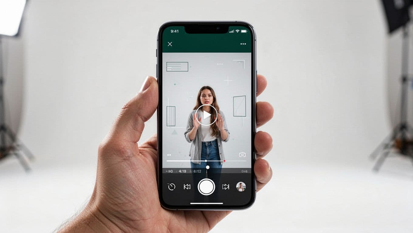 A person holds a smartphone displaying a video editing app with bold white text overlays against a dark green header. The bright studio lighting illuminates the screen and the user's hand.