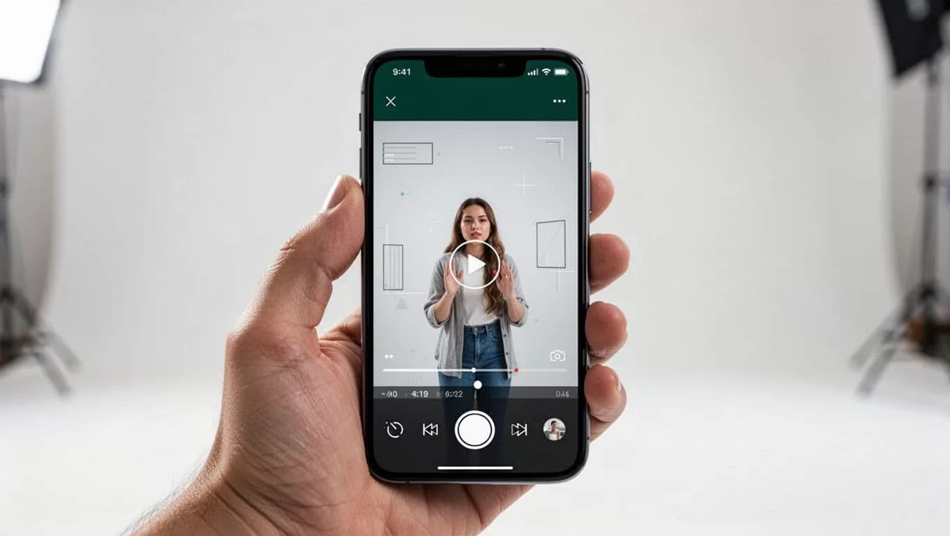 A person holds a smartphone displaying a video editing app with bold white text overlays against a dark green header. The bright studio lighting illuminates the screen and the user's hand.