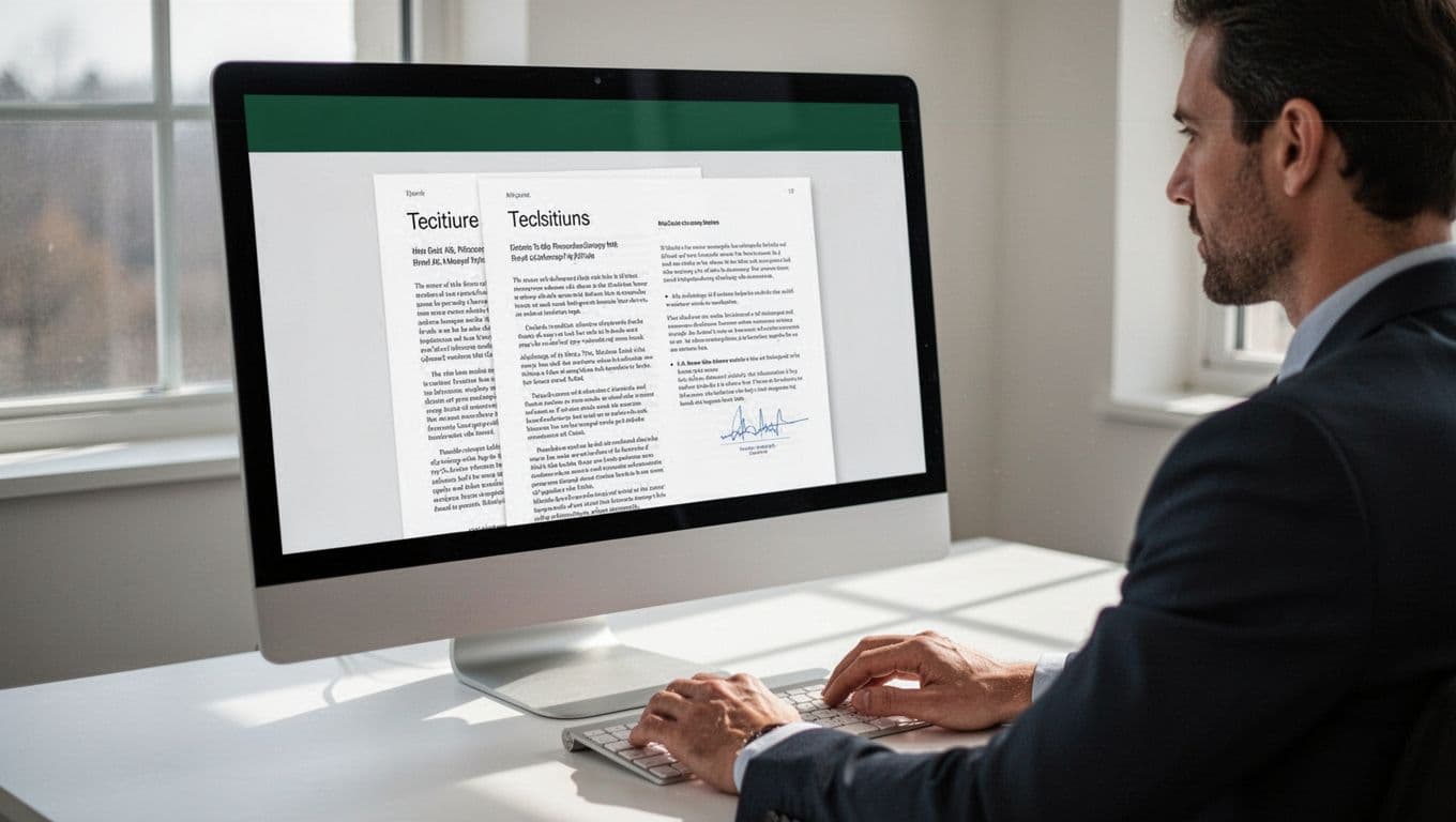 A focused individual analyzes a digital document on a bright screen. A deep green banner rests at the top of the frame featuring bold sans-serif text for editorial visual impact.