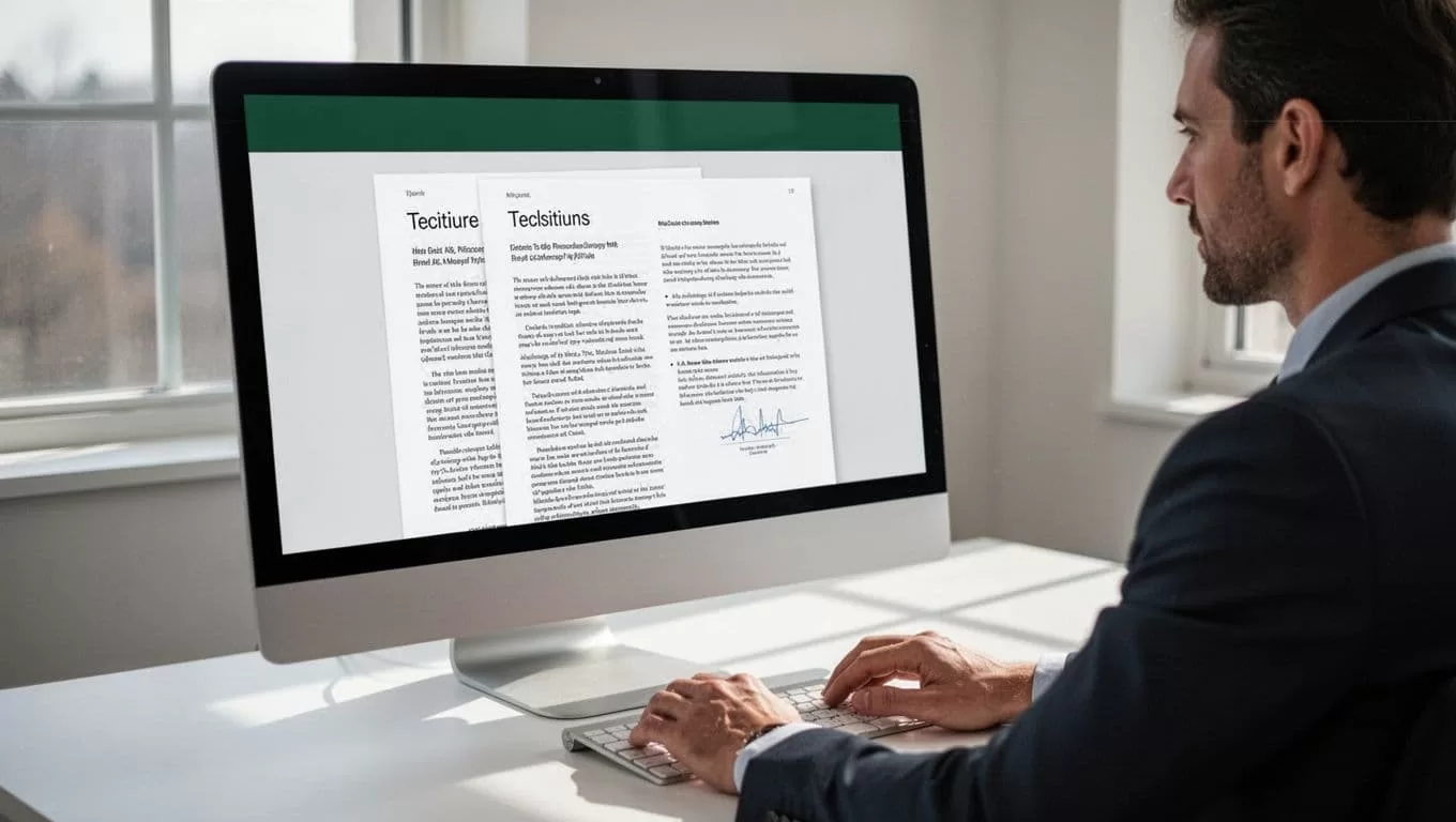 A focused individual analyzes a digital document on a bright screen. A deep green banner rests at the top of the frame featuring bold sans-serif text for editorial visual impact.