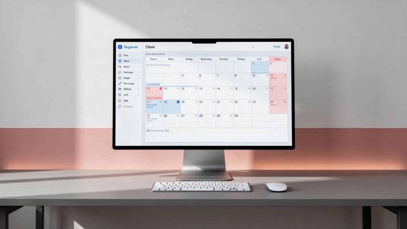 A minimalist desk with a screen showing a calendar planning interface.