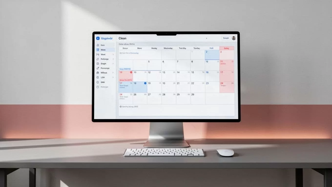 A minimalist desk with a screen showing a calendar planning interface.