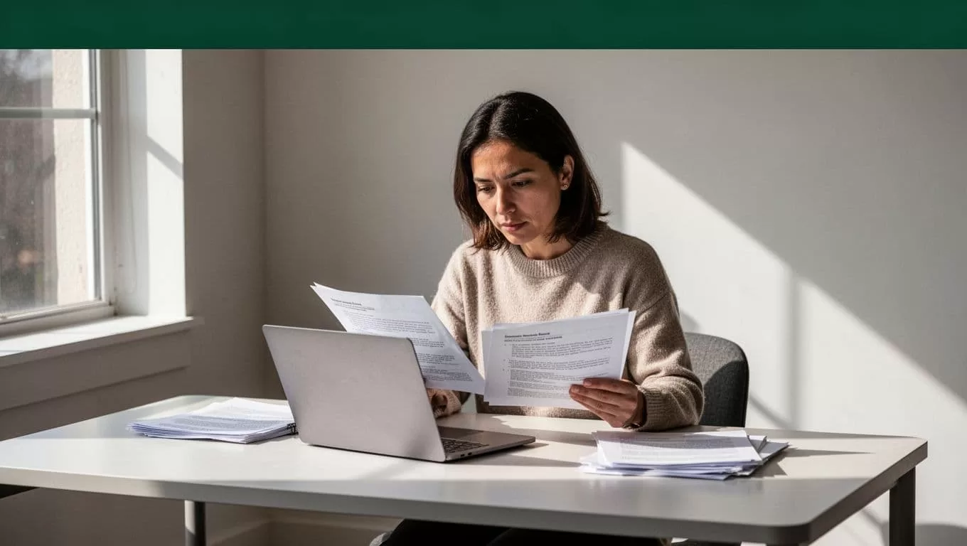 An educator reviewing student assignments on a laptop at a minimalist desk.