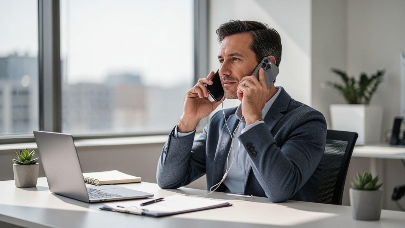 A focused professional holds a modern smartphone at a clean desk while utilizing voice-based reading technology. A deep green header bar sits at the top featuring bold geometric sans-serif text.