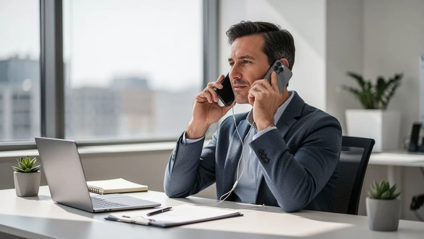 A focused professional holds a modern smartphone at a clean desk while utilizing voice-based reading technology. A deep green header bar sits at the top featuring bold geometric sans-serif text.