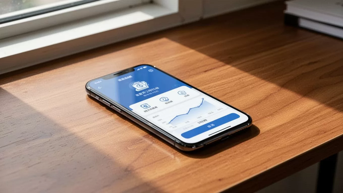 A smartphone showing a money transfer application lying on a wooden desk.