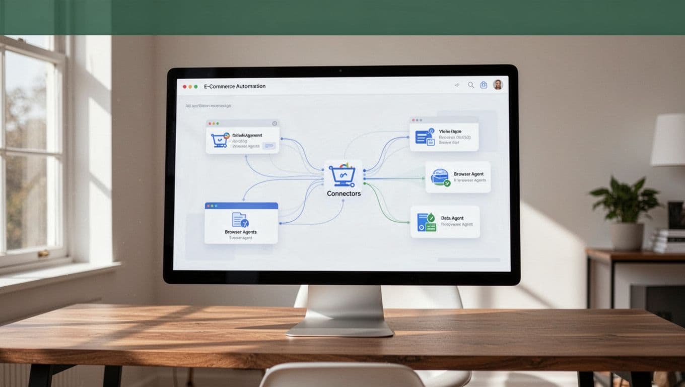 E-commerce automation dashboard with workflow steps and connected data beneath a green headline band.