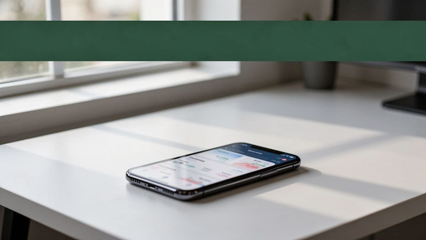 Dark-green Exchange Rates banner above a desk with a blurred financial app on a smartphone.