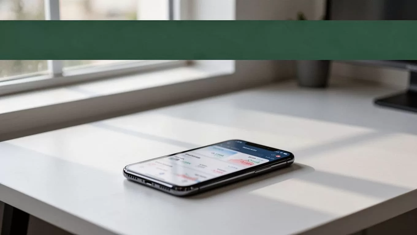 Dark-green Exchange Rates banner above a desk with a blurred financial app on a smartphone.
