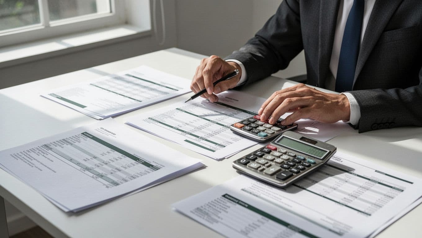 Calculator and financial documents beneath a dark-green rates and fees headline.