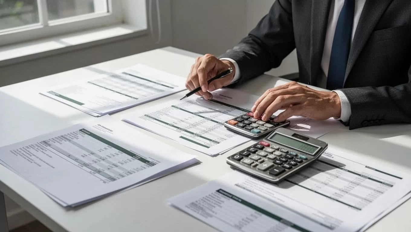Calculator and financial documents beneath a dark-green rates and fees headline.